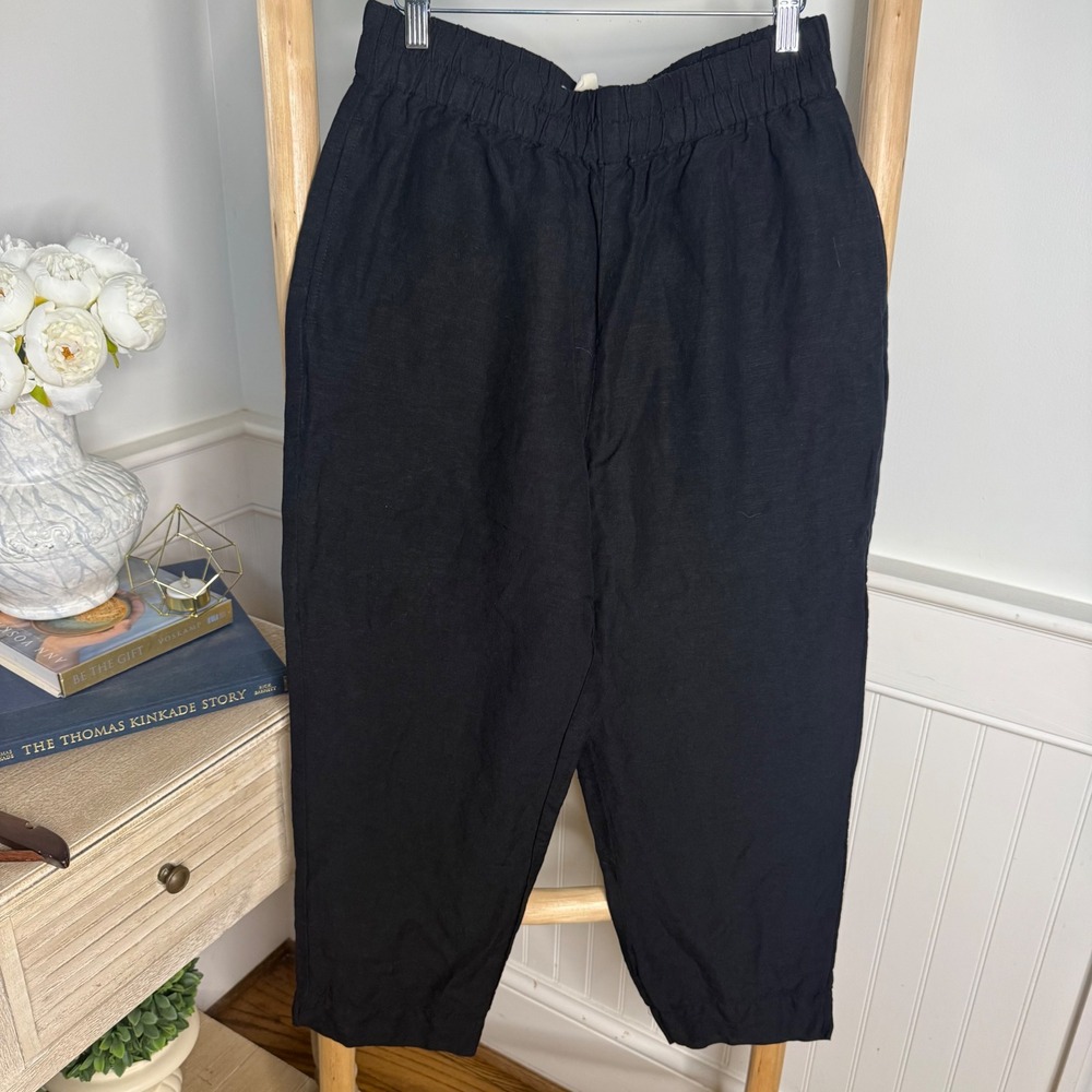 Madewell Women Black Linen Blend Elastic Waist Cropped Tapered Pants Size M